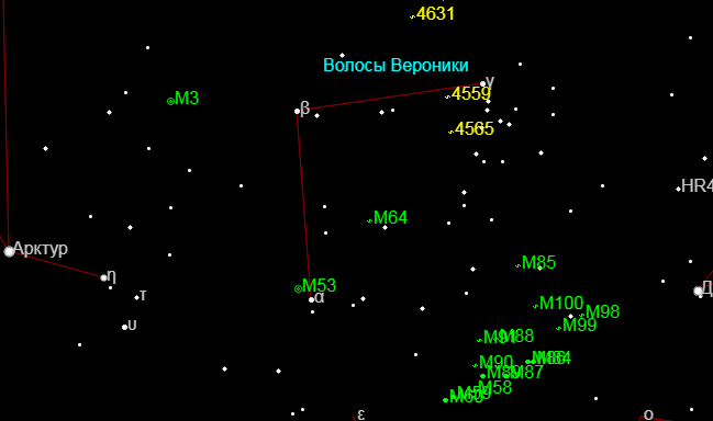 Схема расположения звёзд в созвездии Волосы Вероники